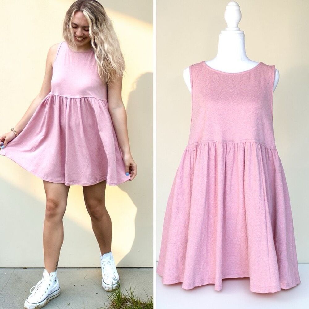 Blush Pink Babydoll Mini Dress Pockets Sleeveless | AEMI+CO | Large NWT